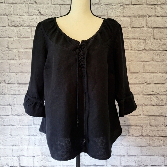 Lane Bryant black linen blend 3/4 sleeve criss cross tie front scoop neck top - Picture 3 of 9